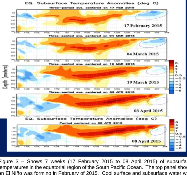 Figure  3  –  Shows  7  weeks  (17  February  2015  to  08  April  2015)  of  subsurface  temperatures in the equatorial region of the South Pacific Ocean
