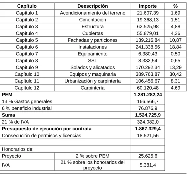 Tabla 9. Resumen del presupuesto. 