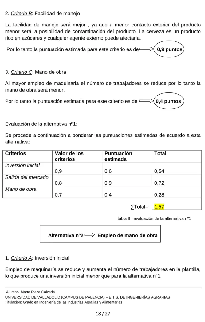 tabla 8 : evaluación de la alternativa nº1 