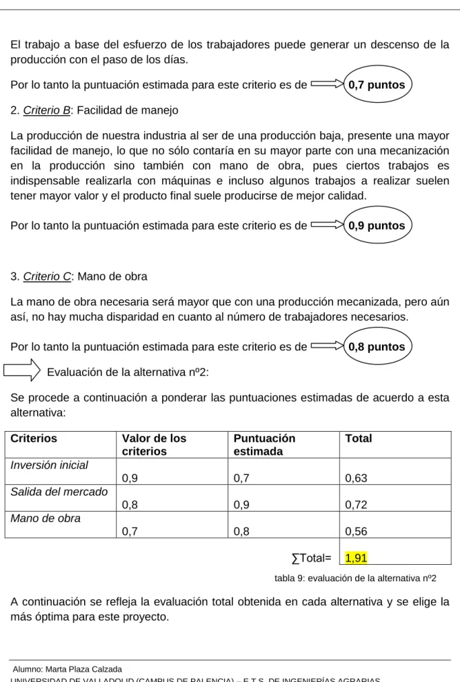 tabla 9: evaluación de la alternativa nº2 