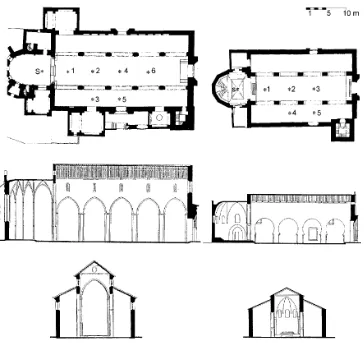 Figure 1. Ground plant with its reception points (top), longitudinal (middle) and  cross section (bottom) of Santa Marina (left) and San Marcos (right) churches