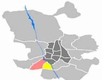 Figura 1: Situación de Usera (amarillo) y Carabanchel (rojo) en el plano de Madrid   