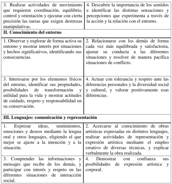 Tabla 2. Objetivos por área.