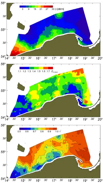 Figure 2. Maps of the estimated attenuation coefficient β in top layer of sediments, fractal dimension Dw_Mayer and spectral width ε2 of bottom echo envelopes in the Polish economic zone of the Baltic Sea at the frequency 30 kHz