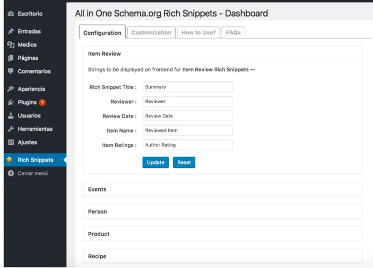 Ilustración 28. Tablero de configuración  del plugin All In One Schema Rich Snippets 
