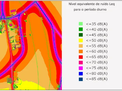 Figura 4.  Carta de ruído com distribuição das zonas isofónicas do nível equivalente LAeq para o período diurno