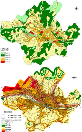 Figure 1: Florence municipality: the acoustical classification of the 2256 census areas (above) and the final  acoustical classification (below)