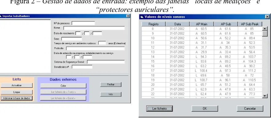 Figura 2 – Gestão de dados de entrada: exemplo das janelas “locais de medições” e “protectores auriculares”