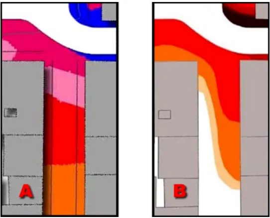 Figura 3 – Extracto do mapa de ruído da baixa de Lisboa; A – distribuição calculada (mapa quantitativo), B – limites de audibilidade (mapa qualitativo) 