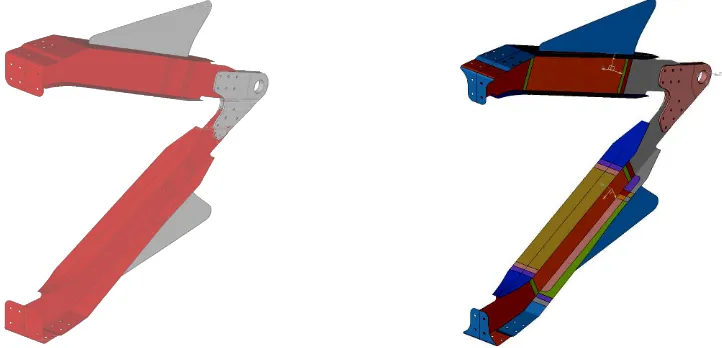 Figura 8 Optimización 1: Modelo inicial de partida (la zona roja es la superficie optimizable) y el modelo optimizado 