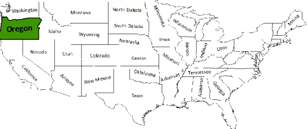 Figure 1. Map of United States of America and area of study. 