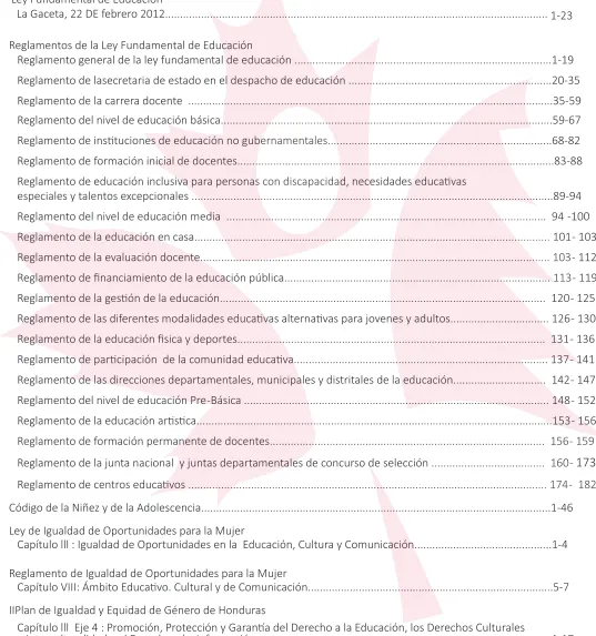 Cuadro de ContenidoCompendio de Leyes del sector Educación  