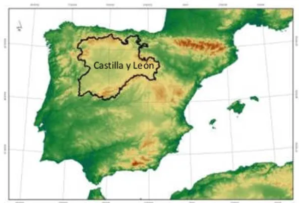 Fig. 1. Situación de Castilla y León, ámbito del presente  estudio (WMS SRTM)