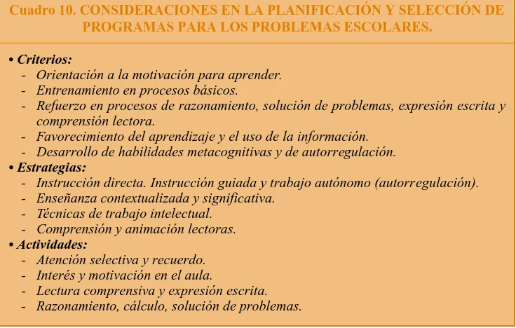 Cuadro 10. CONSIDERACIONES EN LA PLANIFICACIÓN Y SELECCIÓN DEPROGRAMAS PARA LOS PROBLEMAS ESCOLARES.