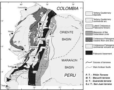 Fig. 1. Structural sketch of Ecuador and location of Fig. 2. Bold lines represent sutures bounding oceanic terranes.