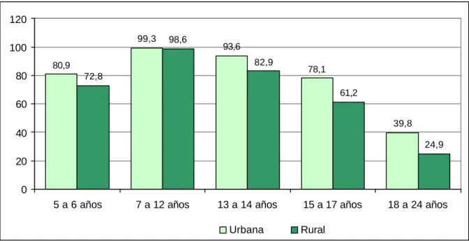 Gráfico 13: Porcentaje de asistencia a centros de educación formal de la población de 5 a  24 años por zona (2005) 
