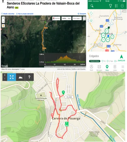 Figura 2. Capturas de pantalla de actividades realizadas basadas en geoposición: Wikiloc  (arriba a la izquierda), Geocaching (arriba a la derecha) y Runkeeper (abajo)  	
  	
  	
  	
  	
  	
  	
  	
  	
  	
  	
  	
  	
  	
  	
  	
  	
  	
  	
  	
  	
  	
 