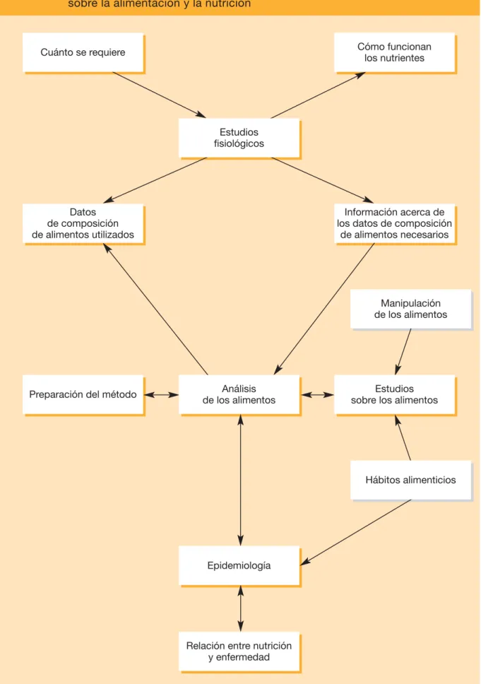 Figura 1.1 Integración de los análisis nutricionales de los alimentos en la investigación sobre la alimentación y la nutrición