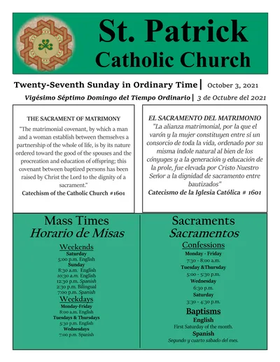 St. Patrick. Catholic Church. Sacramentos. Horario de Misas. Mass Times ...