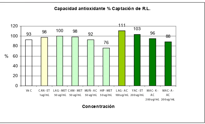 Figura 9. Capacidad antioxidante de plantas medicinales nativas e introducidas. Porcentaje de Captación de Radical Libre DPPH