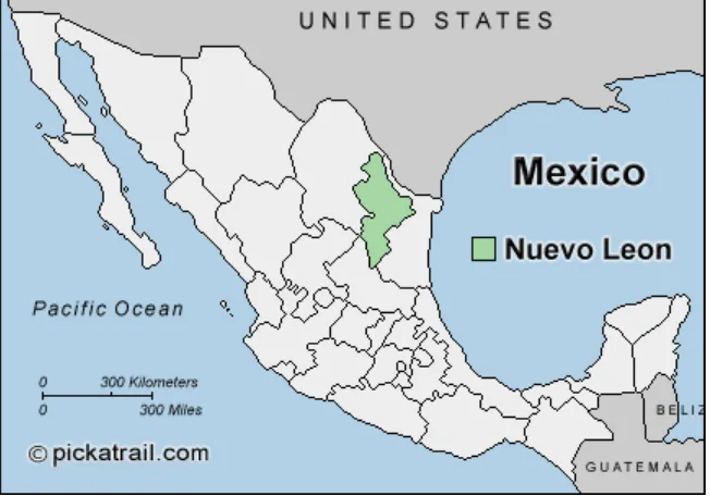 Figura 2. Mapa de la ubicación del estado de Nuevo León. 