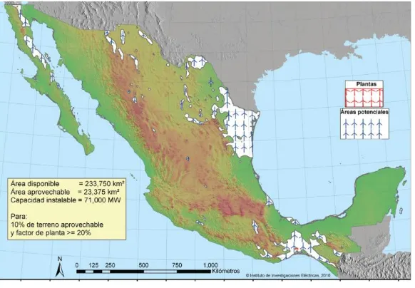 Figura 1. Zonas de aprovechamiento de energía eólica en México. 