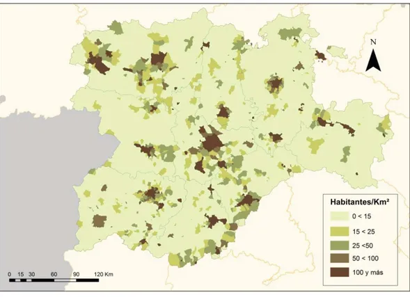 Figura 5:  Densidad de población de Castilla y León por municipios, Padrón (2016).Fuente: Instituto  Nacional de Estadística, Estadística del Padrón continuo a 1 de Enero de (2016).Elaboración propia