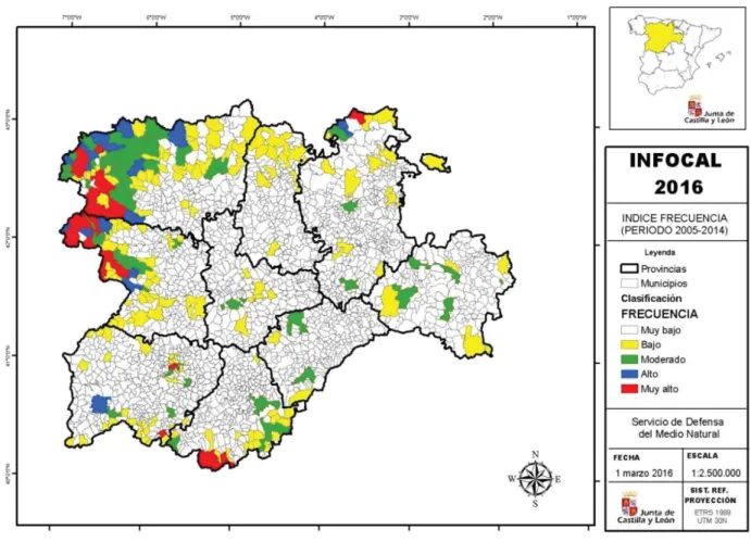 Figura 8: Índice Frecuencia de incendios forestales por municipio en Castilla y León, para el  periodo 2005 - 2014
