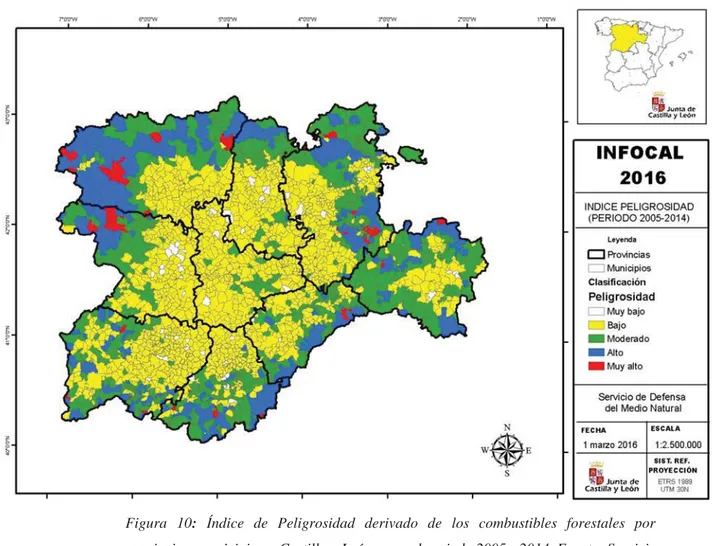 Figura 10: Índice de Peligrosidad derivado de los combustibles forestales por  provincia y municipio en Castilla y León, para el periodo 2005 - 2014