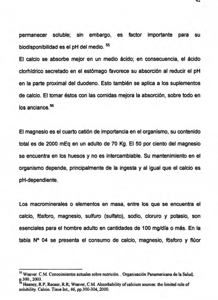 tabla N° 04 se presenta el consumo de calcio, magnesio, fésforo y }402oor