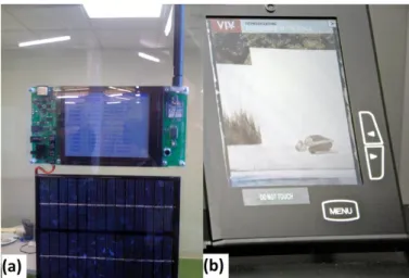 Figure 3.  (a) Google Radish project using solar panels and a cholesteric display (by   Niall Kennedy) and (b) Liquavista prototype