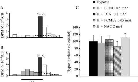 Fig. 6. Effects of the several agents on the release of [ 3 H]CA induced by hypoxia. (A and B) Single experiments obtained in individual CBs that show the experimental protocol in control CBs subjected to hypoxic stimulation and in an experimental CB treat
