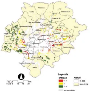 Figura 10. Vistas 3D de la situación sanitaria de los  sotos de castaño en El Bierzo. (a) Subcomarca Bierzo  Oeste; (b) Subcomarca Aquilianos y Bierzo Alto