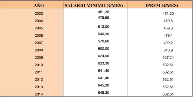 Tabla 2.5: Evolución del Salario Mínimo y del IPREM periodo 2003-2014 