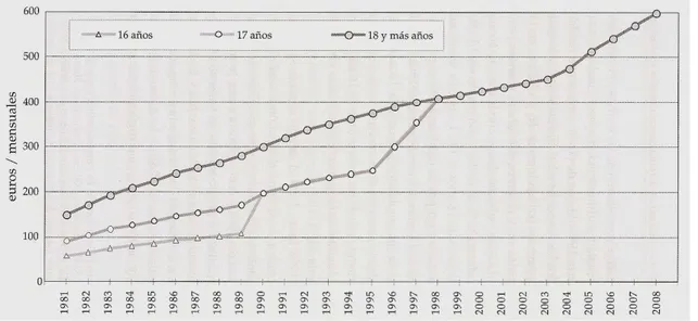 Gráfico 2.2: Proceso de equiparación del SMI por edades en España 