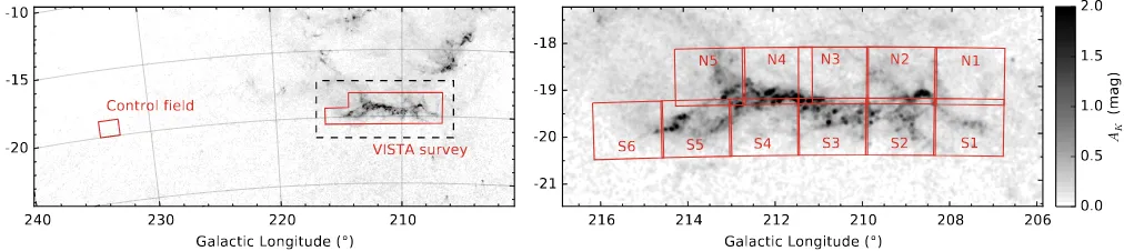 Fig. 4. VISTA survey coverage. Theregion of this ﬁgure is marked with a black dashed box in theand Orion A coverage marked as red boxes