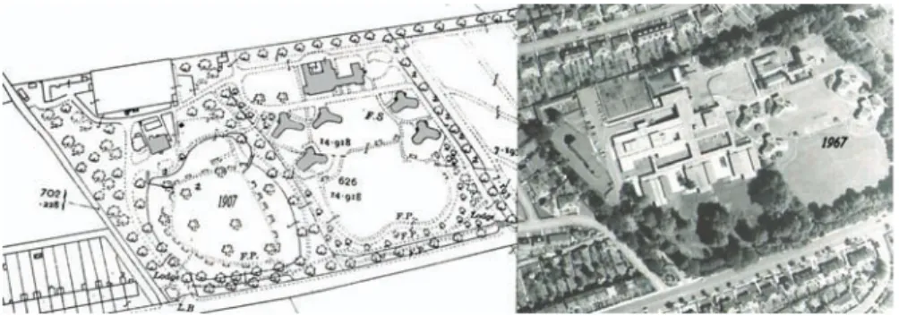 Fig. 6. Royal Victoria Hospital plano de implantación de 1907 a la izquierda e imagen de 1967 a la  derecha