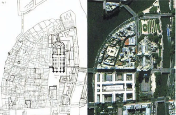 Fig. 1: a la izquierda el Hôtel-Dieu en 1750. Fuente: Bruno Gaudin, “The Hospital and the City”, en 