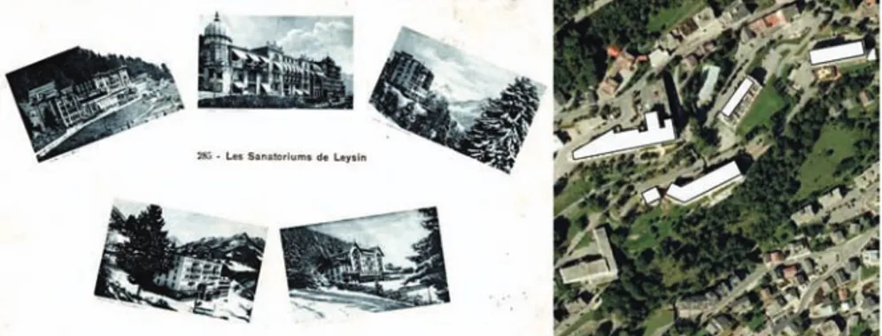 Fig. 4: a la izquierda postal antigua con fotografías de diversos hoteles-sanatorios de Leysin