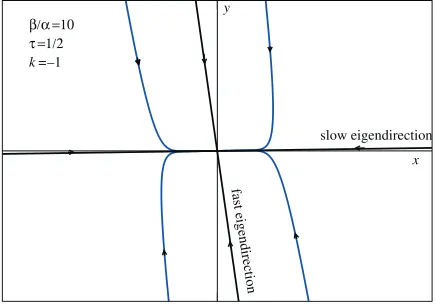 Figure 10. Qualitative phase portrait ofrespectively. The fast eigendirection is almost parallel to thehorizontal axis and the slow eigendirection has a positive slope(The slow eigendirection (equation (59)) and the fast eigendirection(equation (60)) are x