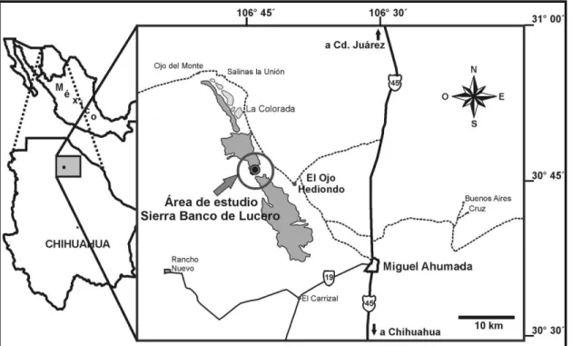 Figura 4. Panorámica (vista al oeste) de la zona de estudio en la Sierra Banco de Lucero,  noroeste de Chihuahua, en la parte inferior derecha se observa el Rancho Ojo Hediondo