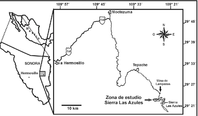 Figura 5. Localización y vías de acceso para la zona de estudio en las inmediaciones de  la Sierra Las Azules en el área de lampazos, estado de Sonora, se localiza a 4 km al sur  de la Mina de Lampazos