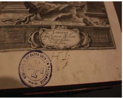 Figure 7. Library stamp and initials on the title page of Bacon’s Instauratio Magna  (London, 1620)