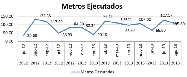 Figura 2.2   Metros ejecutados por meses del frente CX 430 S a partir de            año 2012, fecha en que se retoma el proyecto