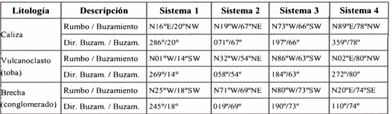 CUADRO 4.1  : SISTEMAS DE DISCONTINUIDADES ESTRUCTURALES 