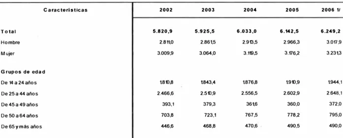 CUADRO N º  2: CARACTERÍSTICAS DE LA POBLACIÓN EN EDAD DE TRABAJAR DE  LIMA METROPOLITANA, 2002-2006 (Miles de personas) 