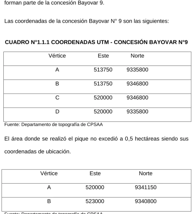 CUADRO N°1.1.1 COORDENADAS UTM - CONCESIÓN BAYOVAR N°9 