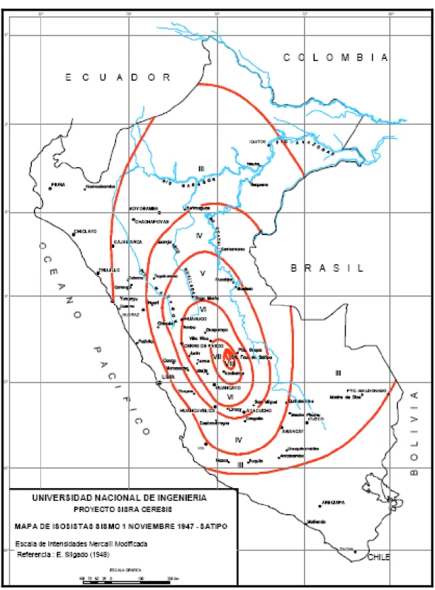 Figura N° 2.3: Mapa de Isosistas del sismo del 1 de noviembre de 1947 en Satipo 