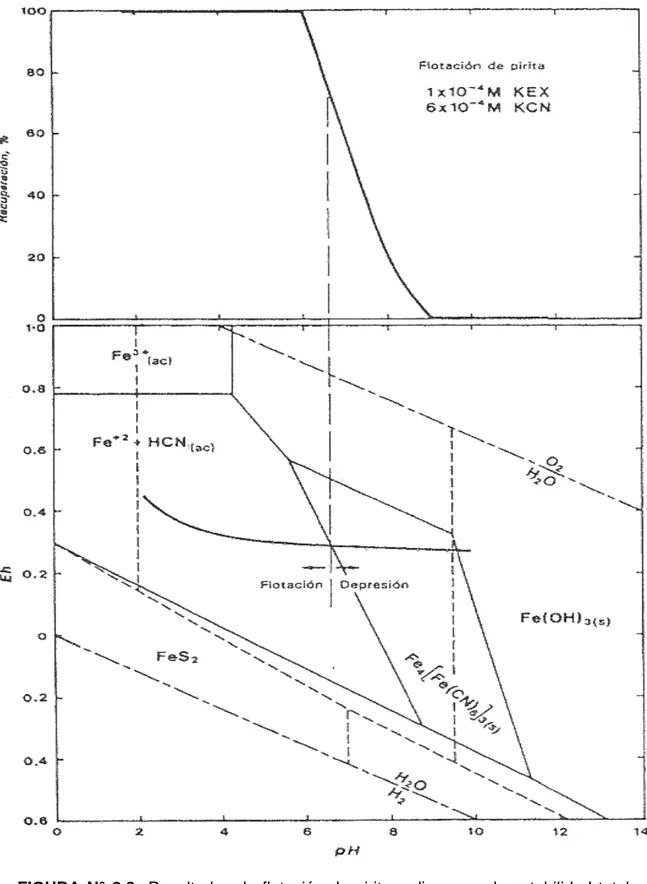 FIGURA N° 2.8    Resultados de flotación de pirita y diagrama de estabilidad total,  5x10 -5   M  de Hierro disuelto total y 6x10 -4   M de adición de cianuro, nótese que la  flotación ocurre en la región Fe +2 (ac)   + HCN  (ac) , y no en la región Fe 4 (