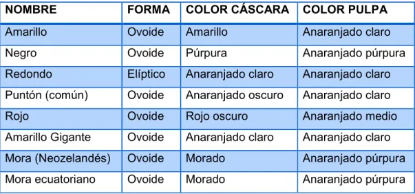 Tabla 2: Clases de Tomate de Árbol o Tamarillo 
